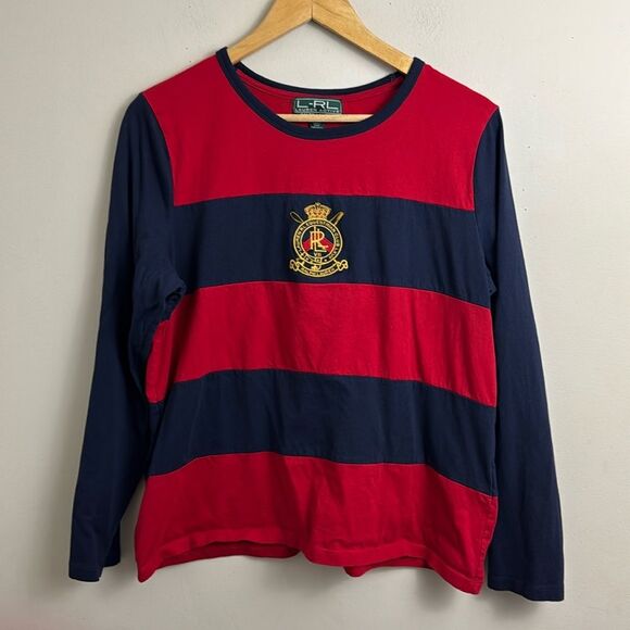 Lauren Ralph Lauren Red Navy Striped Crest Long sleeve Tee XL Preppy Classic - Picture 1 of 8